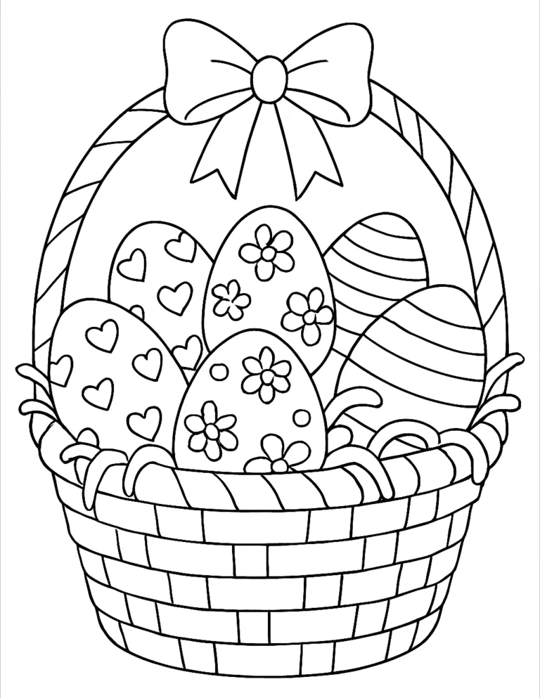 Easter egg coloring page of a woven basket filled with decorated eggs