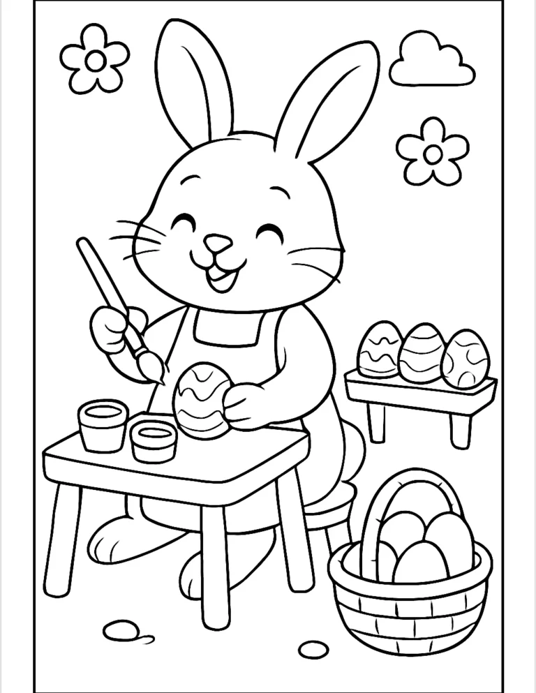 Easter bunny coloring page of a bunny painting eggs with a brush and paint pots