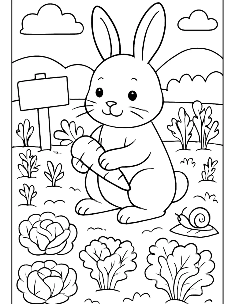Rabbit coloring page of a bunny munching a carrot in a vegetable garden