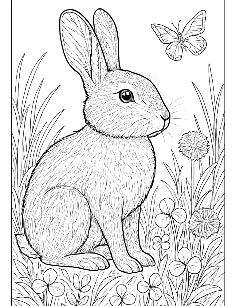 Rabbit coloring page of a wild rabbit in a meadow drawn with fine fur