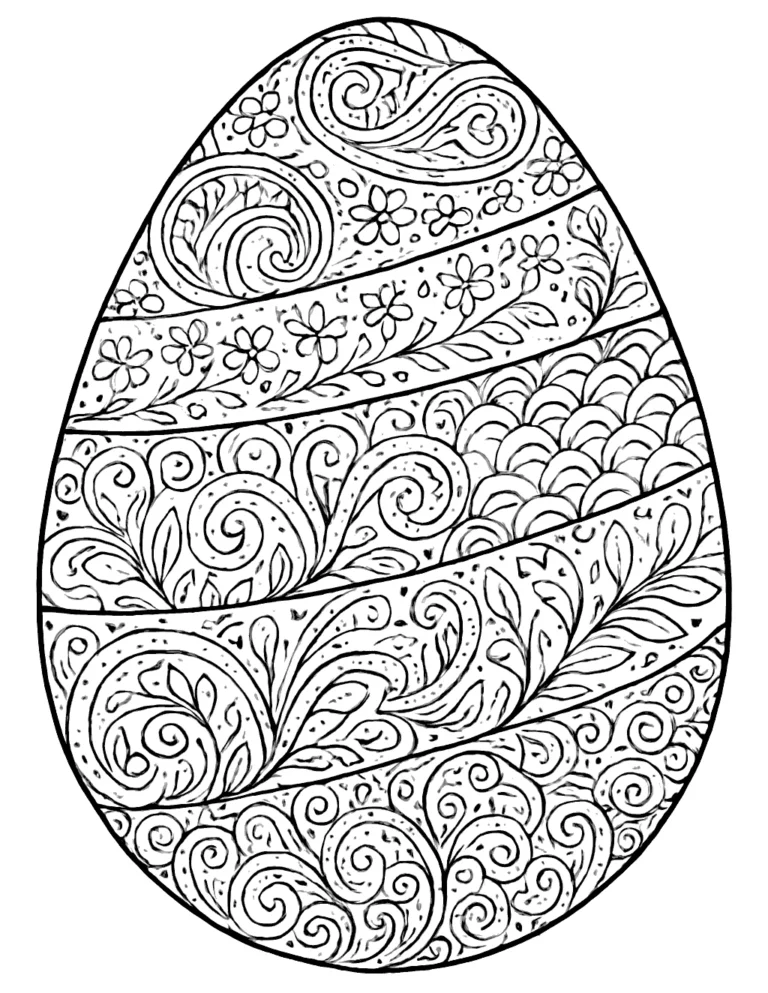 Easter coloring page for adults of a zentangle egg with flowers and swirls