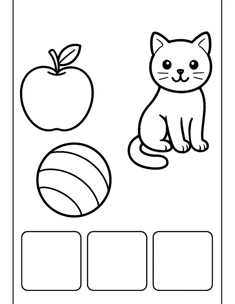 Alphabet coloring page with a big apple, a ball and a cat for letters A, B and C