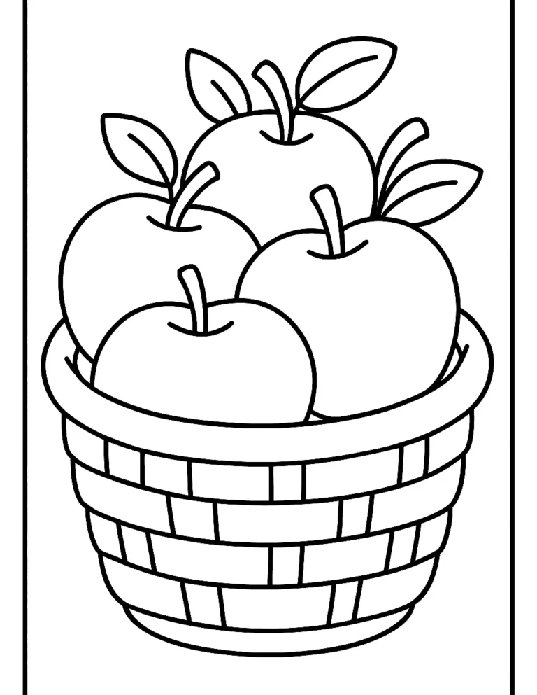 Number coloring page with five big apples in a basket for counting practice