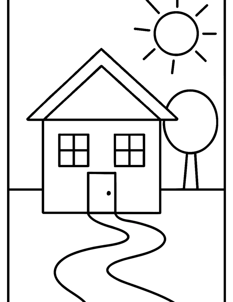 Simple coloring page of a little house with a tree, a sun and a path