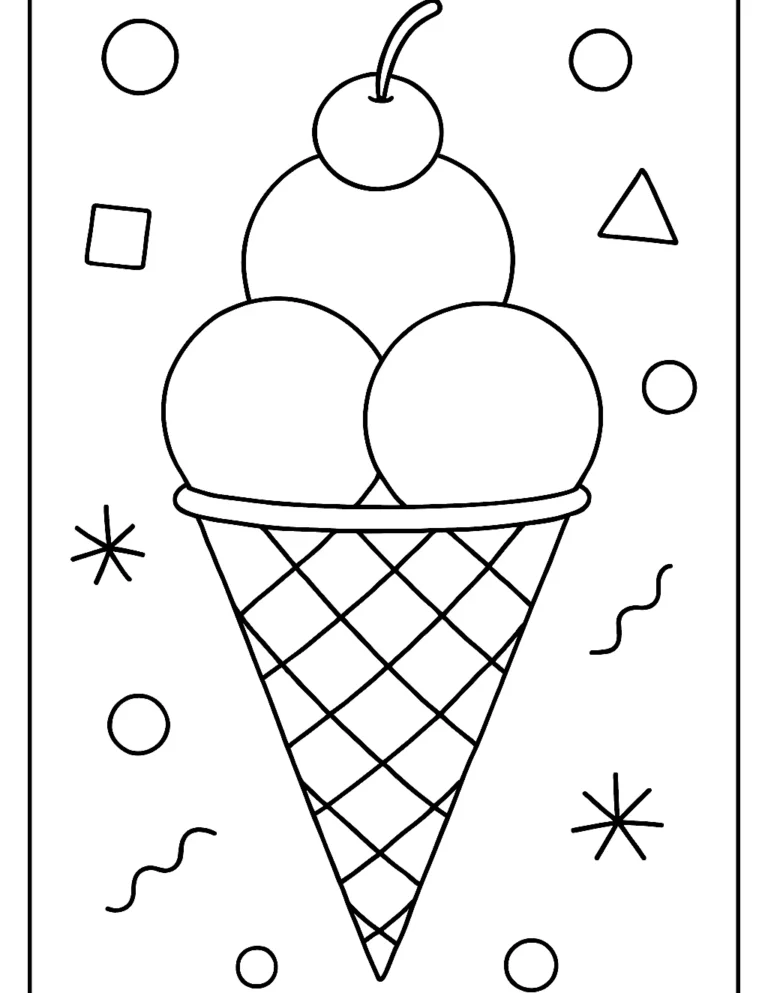Kindergarten coloring page of an ice cream cone with three scoops and a cherry