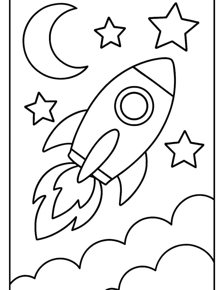 Simple coloring page for kids of a rocket ship flying past a moon and stars