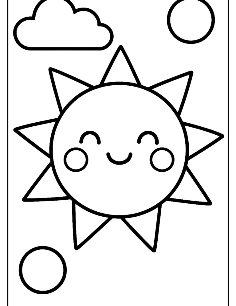 Easy coloring page of a big smiling sun with wide triangle rays for toddlers
