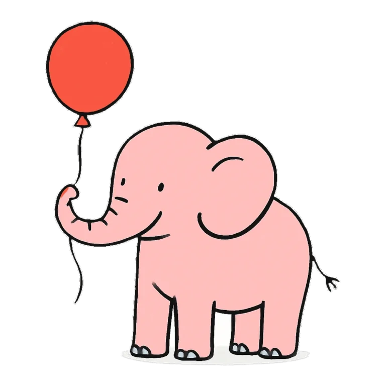 Pink elephant clipart doodle of an elephant holding a red balloon with its trunk