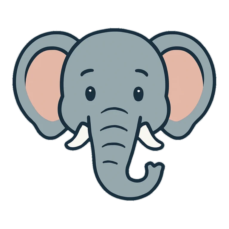 Elephant face clipart in flat color with big ears and a curled trunk