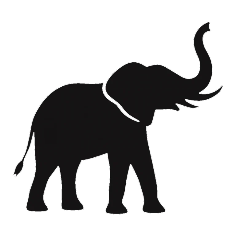 Silhouette elephant clipart black and white, an elephant with its trunk raised