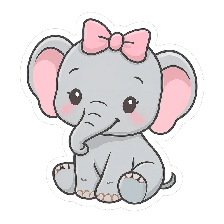 Baby elephant clipart sticker of a tiny elephant with a pink bow on its head