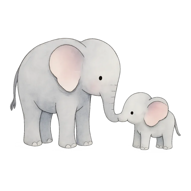 Watercolor elephant clip art of a mother and baby elephant linking trunks