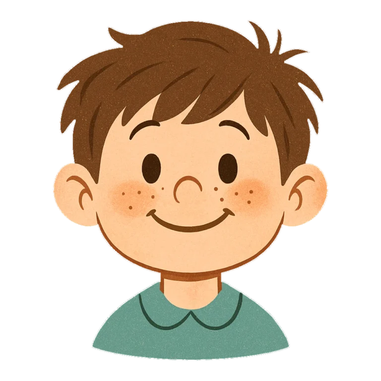 Cartoon face clipart of a smiling child with freckles and messy hair in retro colors