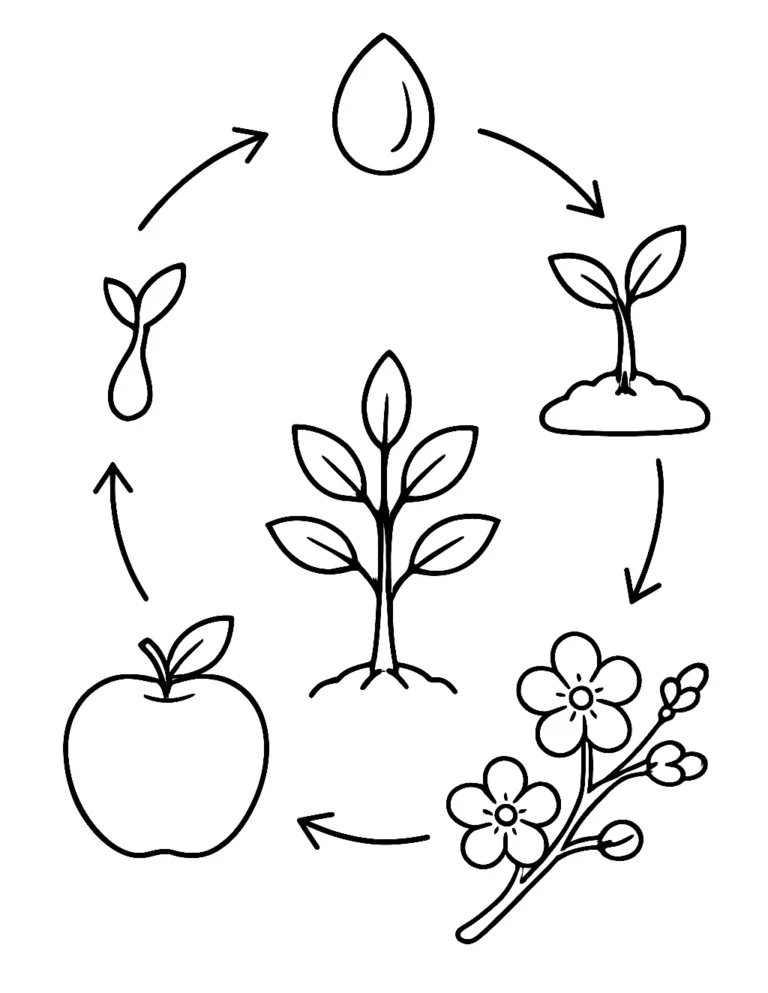 Apple coloring page showing a seed, sprout, tree, blossom and apple in a circle