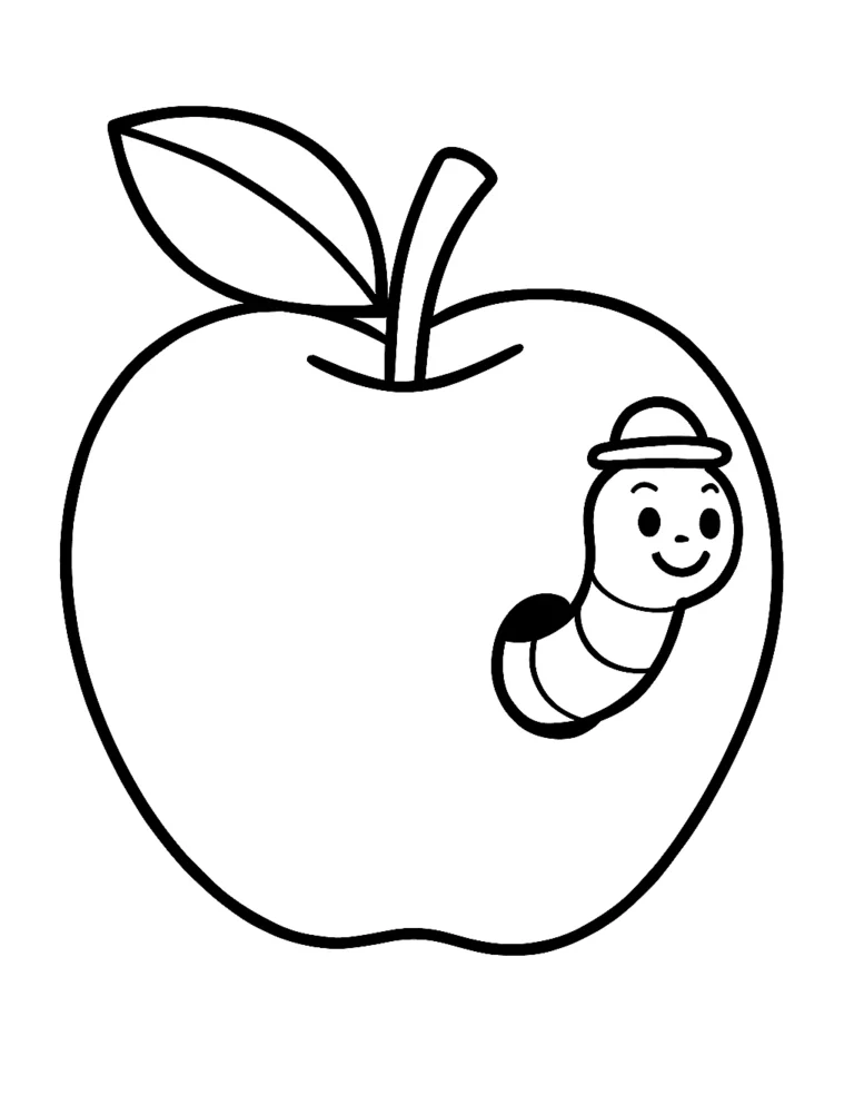 Easy apple coloring page of a big apple with a smiling worm peeking out