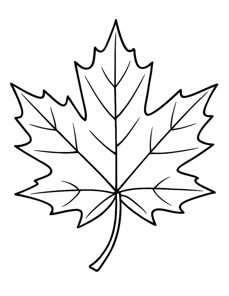 Easy leaf coloring page of one big maple leaf with thick veins