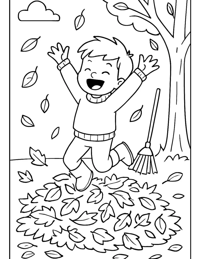 Fall leaves coloring page of a child jumping into a big pile of leaves