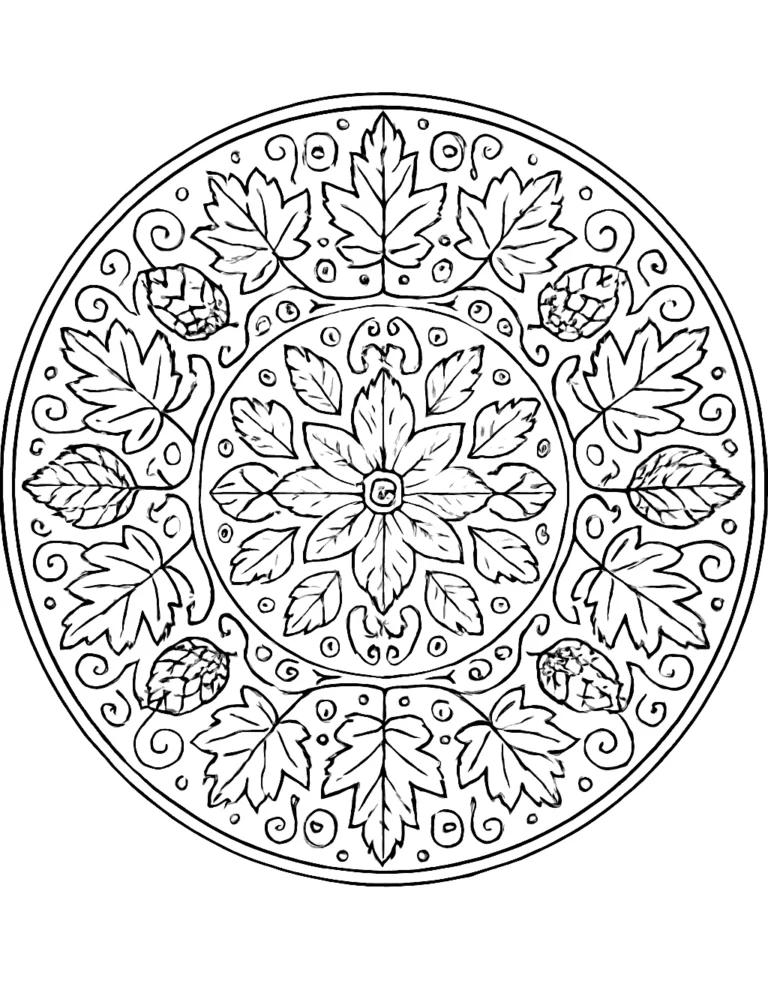 Fall coloring page for adults of a round mandala made of leaves and acorns