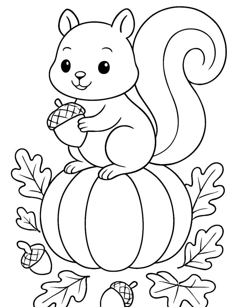 Autumn coloring page for kids of a squirrel on a pumpkin holding an acorn