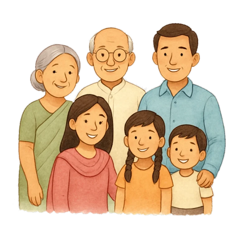 Indian joint family clipart with grandparents, parents and two children in everyday clothes