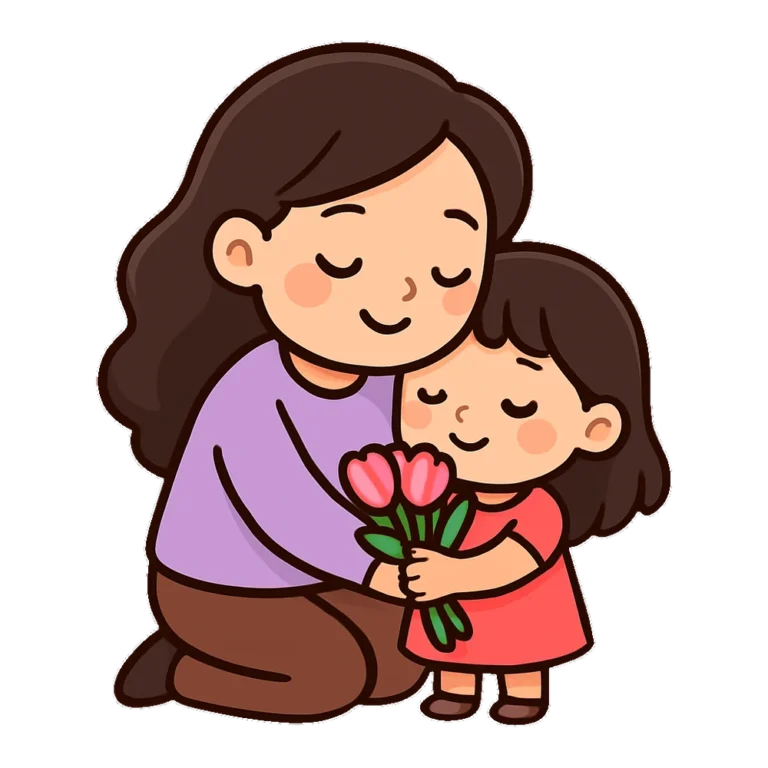 Cute mom clipart of a mother hugging her daughter who holds pink tulips