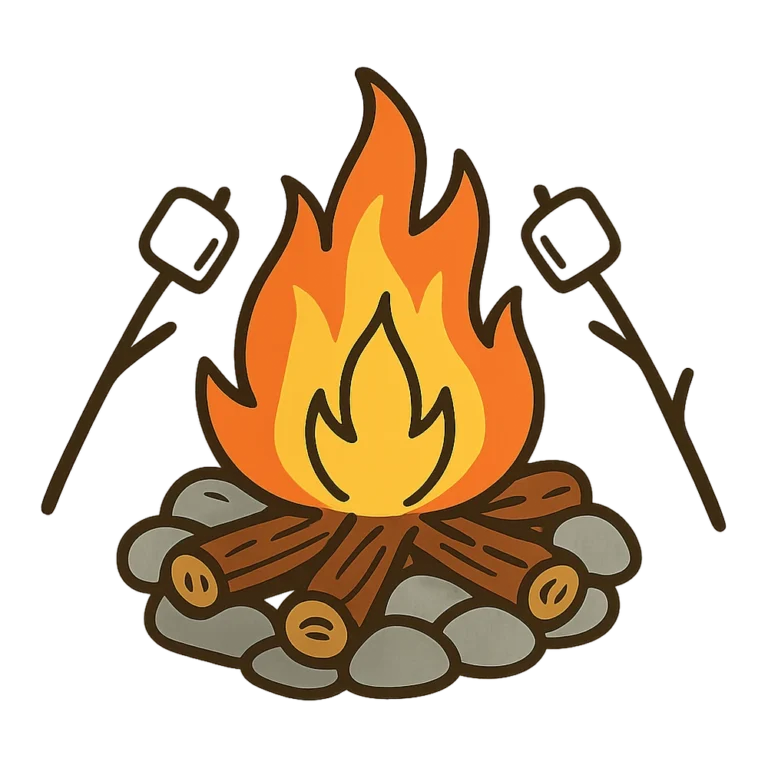 Campfire clipart doodle of a small fire on crossed logs with two marshmallow sticks