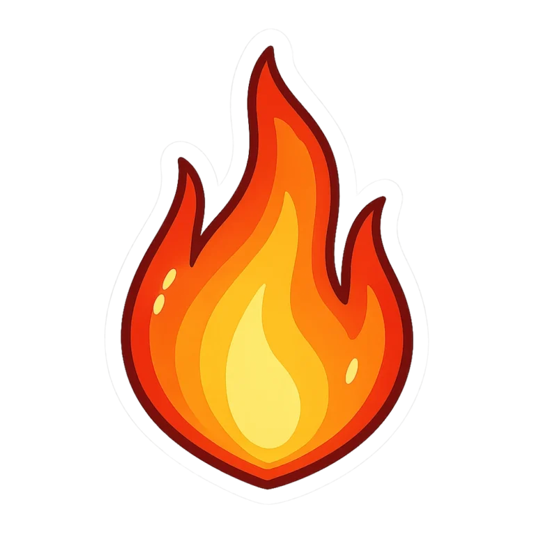Fire clip art sticker of a tall red and gold flame with a thick white edge