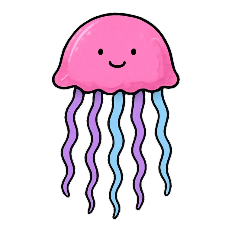Jelly fish clipart doodle of a pink jellyfish with long wavy tentacles