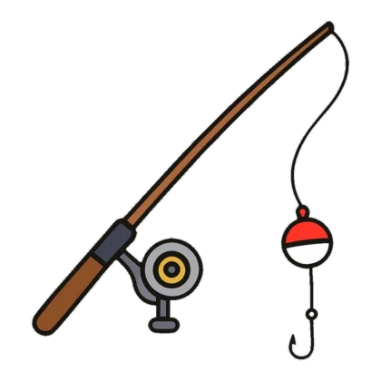Fishing pole clipart of a rod and reel with a red and white bobber and line