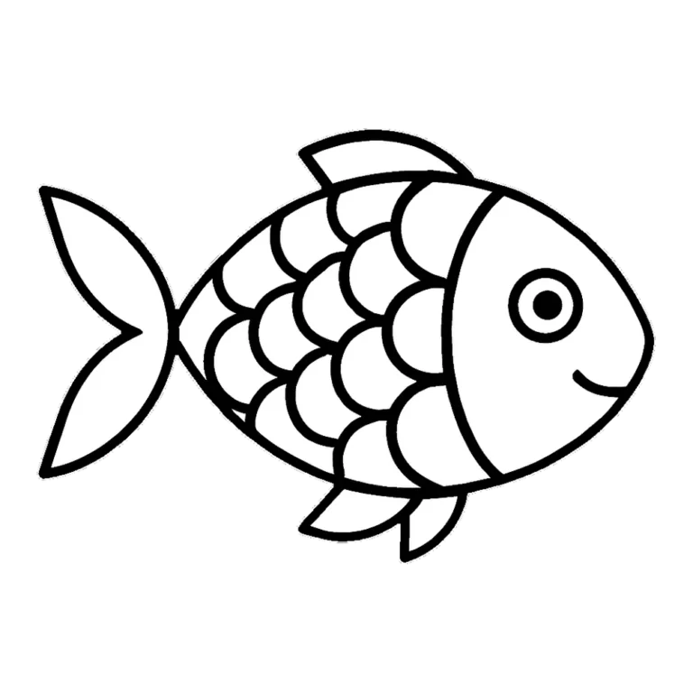 Simple fish clipart black and white outline with scales, fins and a round eye