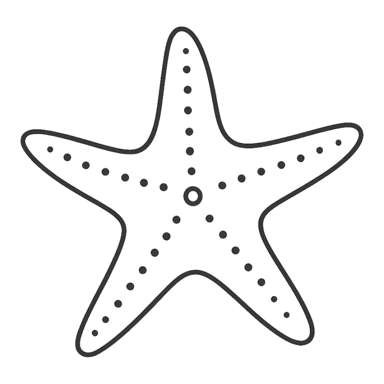 Clip art star fish outline in black and white with five arms and dotted texture