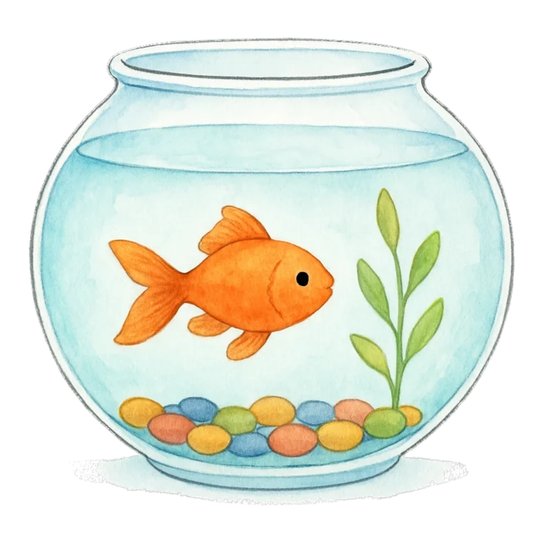Fish bowl clipart of a goldfish swimming in a round glass bowl, painted in watercolor