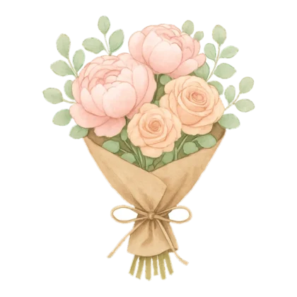 Flower bouquet clipart in watercolor with peonies, roses and green sprigs