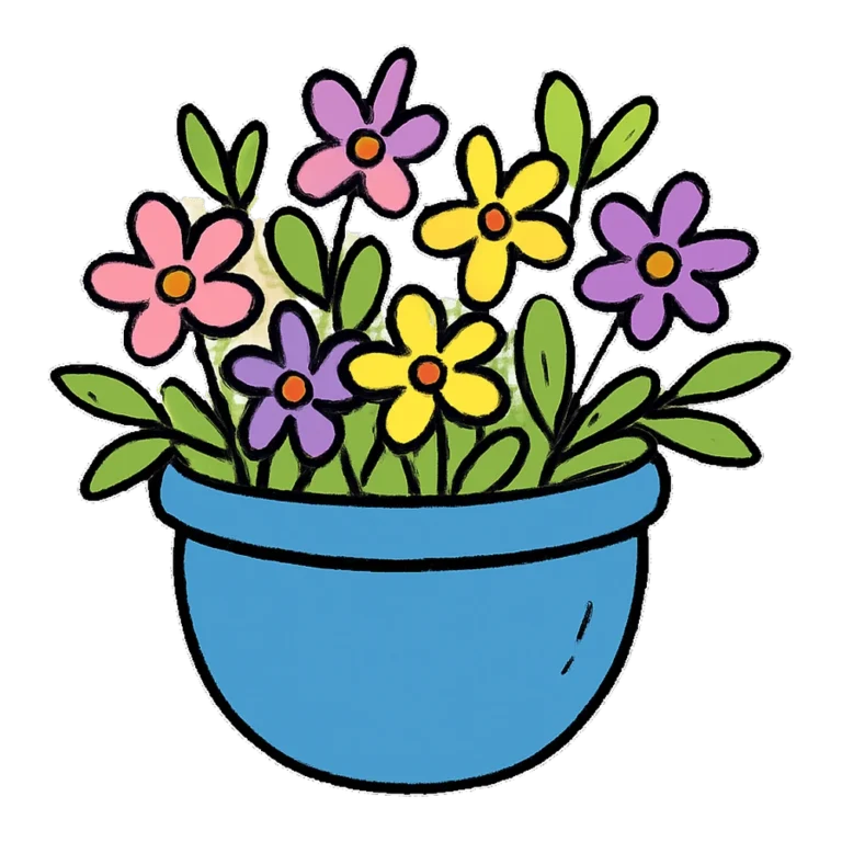 Flower pot clipart doodle of a blue pot holding pink, yellow and purple blooms