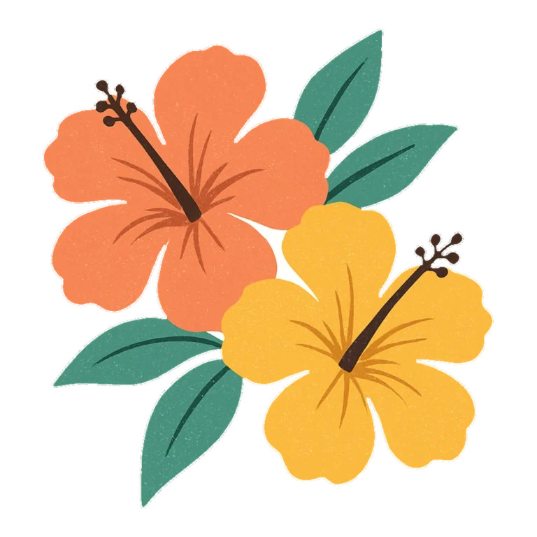 Hawaiian flower clipart of two retro hibiscus blooms in coral and mustard