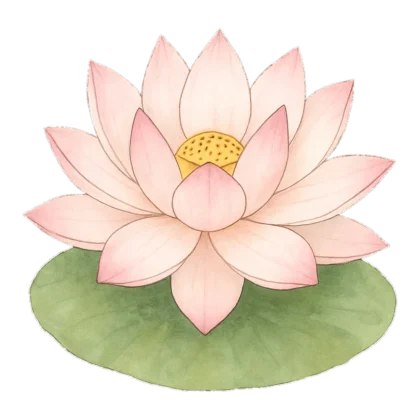 Lotus clipart of a pink lotus flower resting on a round green leaf in watercolor