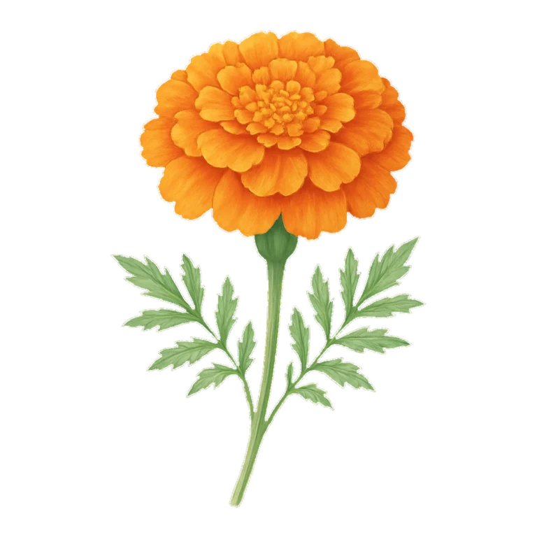 Marigold flower clipart of a ruffled orange bloom drawn with soft shading