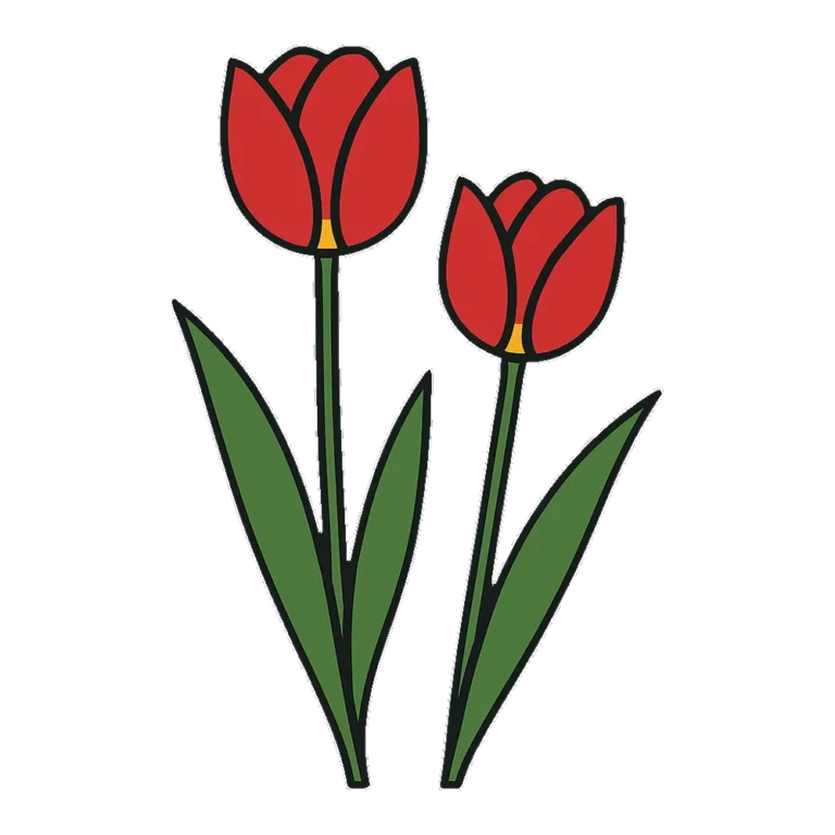 Tulip clipart of two red tulips on green stems in bold flat colors