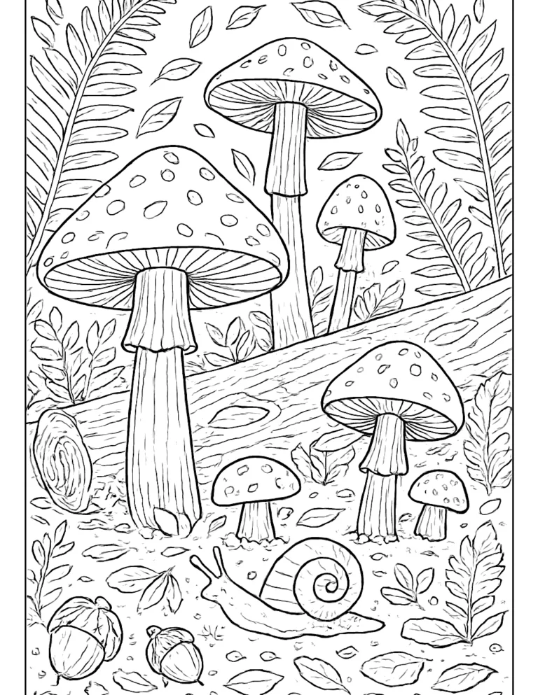 Nature coloring page for adults of a mushroom forest with ferns and a snail