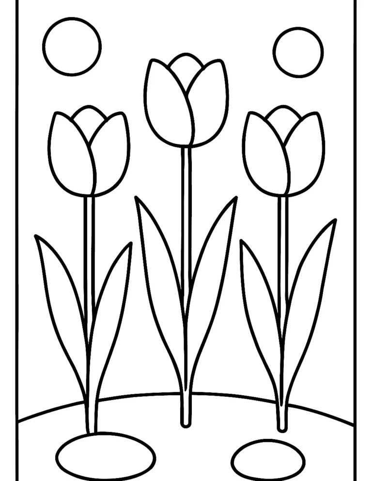 Simple flower coloring page of three tall tulips standing in a row