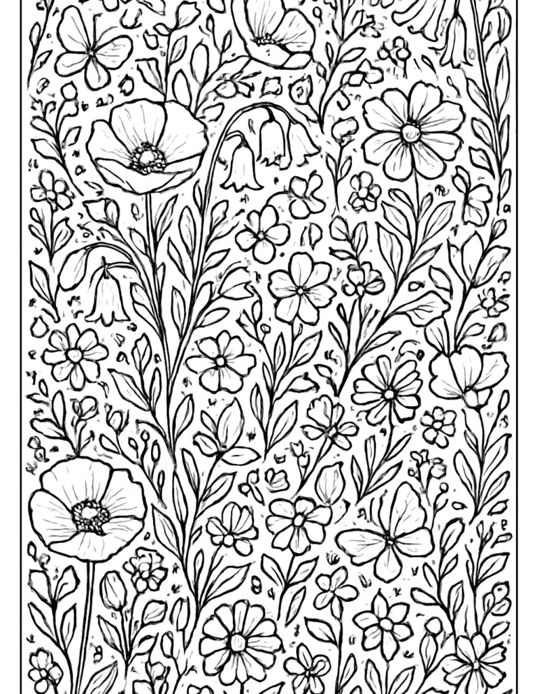 Adult coloring page of flowers in a dense wildflower pattern with small butterflies