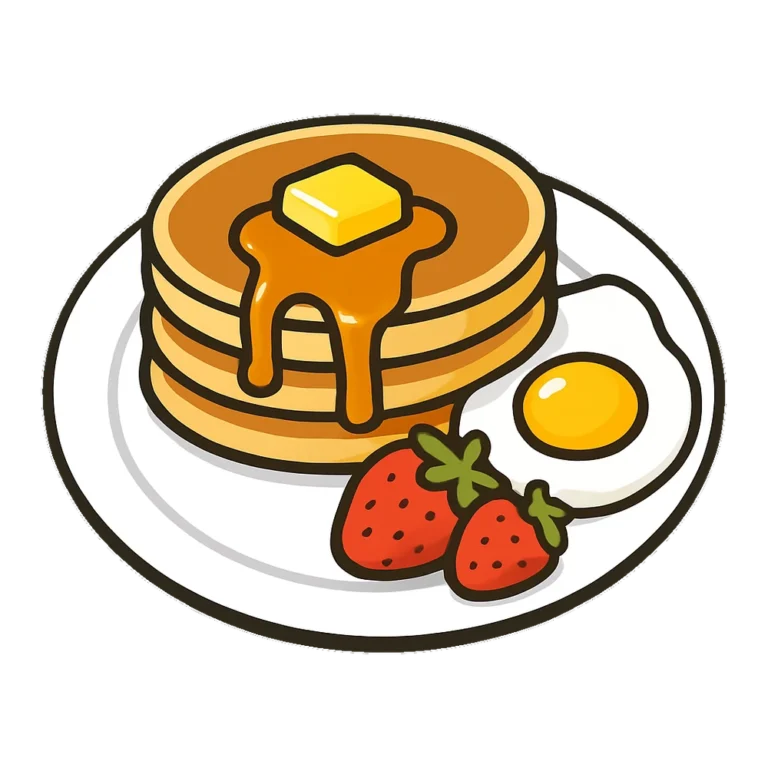 Breakfast clipart of a plate with pancakes, a fried egg and strawberries