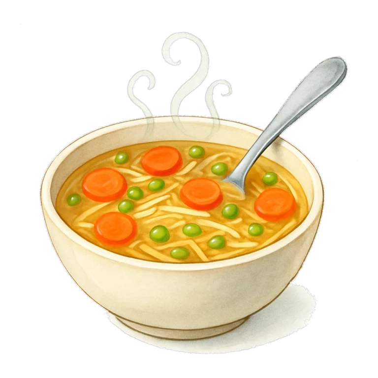 Watercolor soup clipart of a bowl of vegetable soup with steam and a spoon