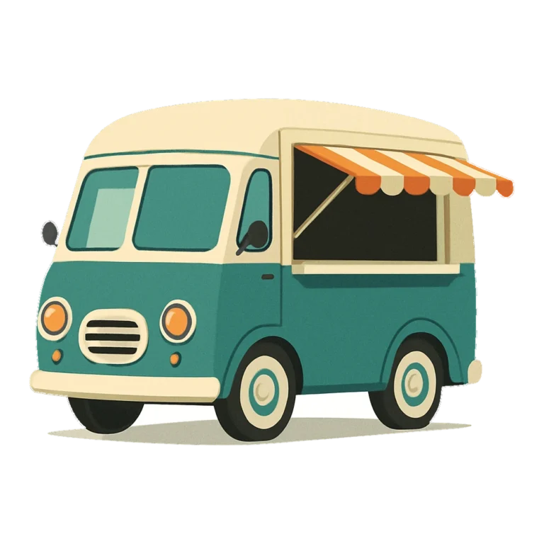 Retro food truck clipart with an open serving window and a striped awning