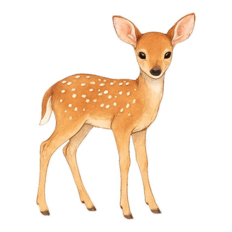 Deer clipart of a spotted fawn standing on long legs, painted in soft watercolor