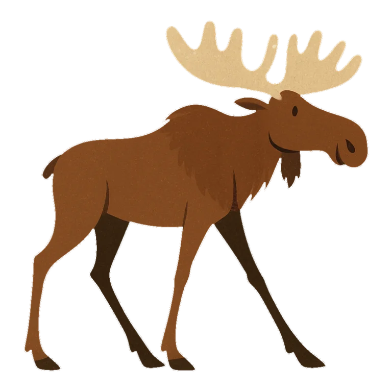 Moose clipart in a retro style of a brown moose walking with wide antlers