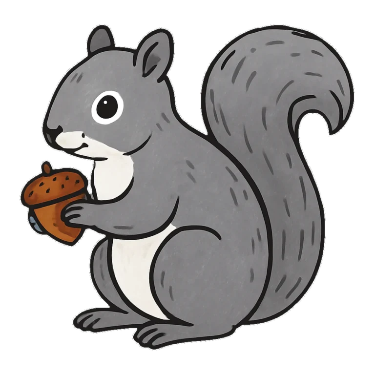 Squirrel clipart doodle of a gray squirrel nibbling an acorn with its tail up