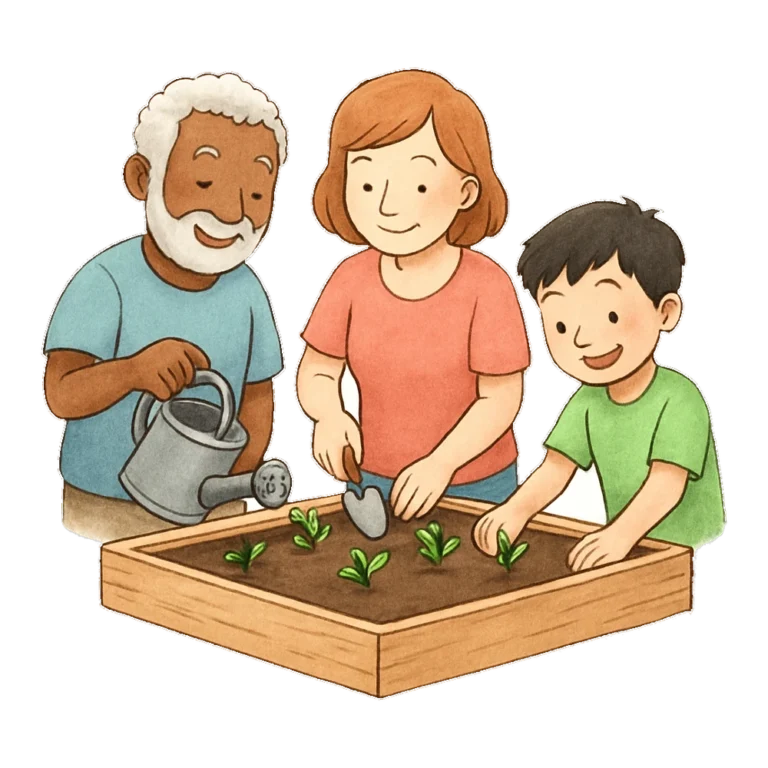 Community clipart of neighbors of all ages planting a small garden together