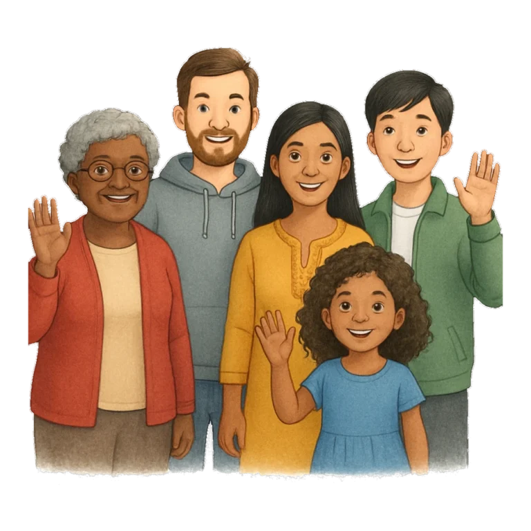 Group of people clipart of five people of different ages smiling and waving