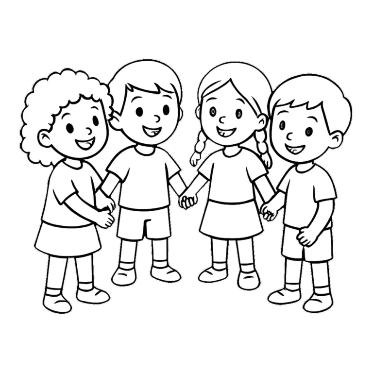 Children clipart black and white of four kids holding hands in a circle